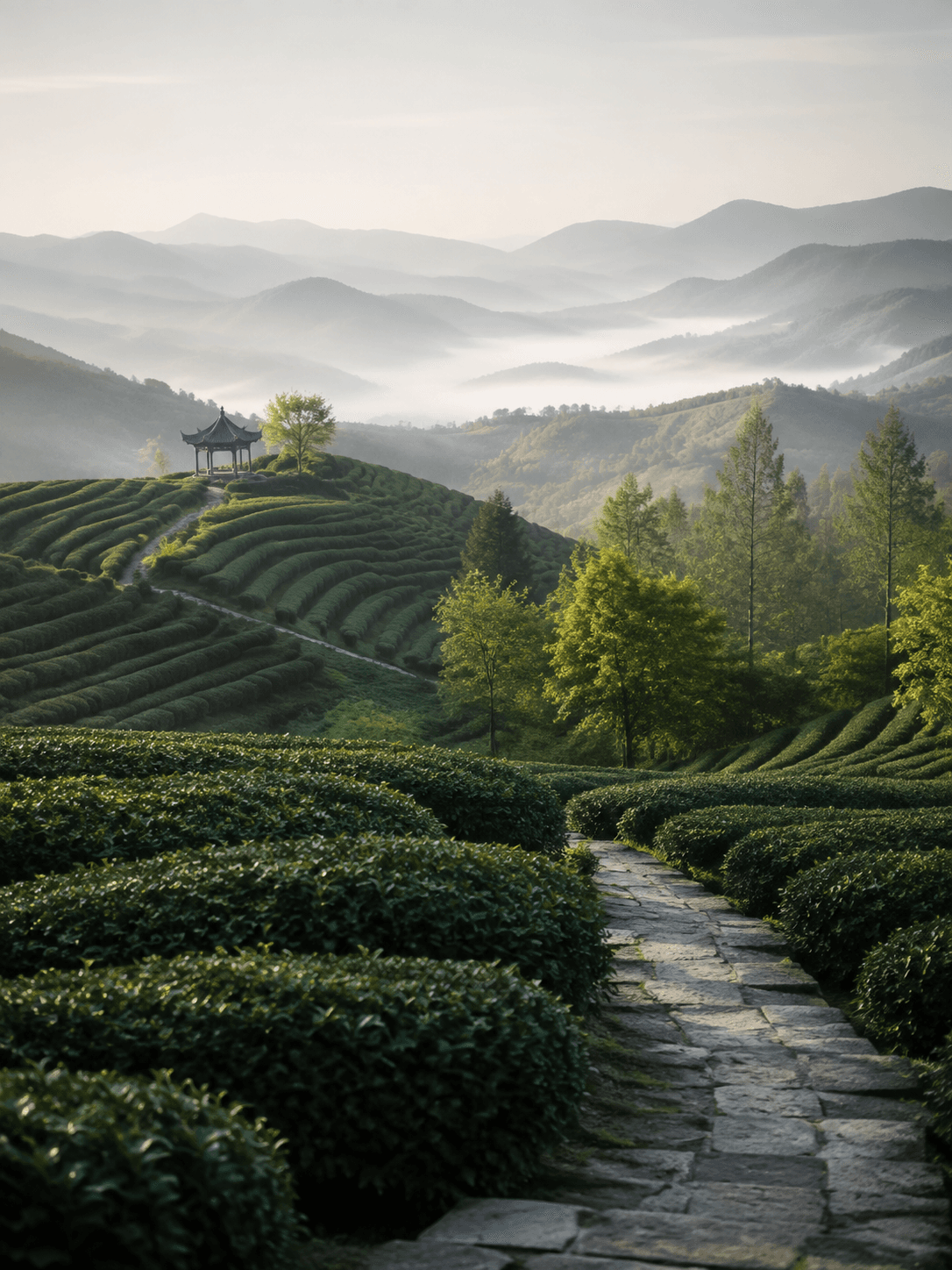 Generated Hangzhou-inspired green tea terraces with a traditional pavilion
